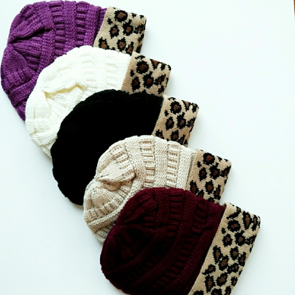 LAST ONE! Leopard Cheetah Animal Print Trim Knit Beanie Hat - Picture 4 of 5